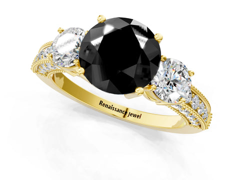 Yellow gold Fancy Black Round Cut Three-Stone Diamond Ring with Pavé Band and Four-Prong Setting_1