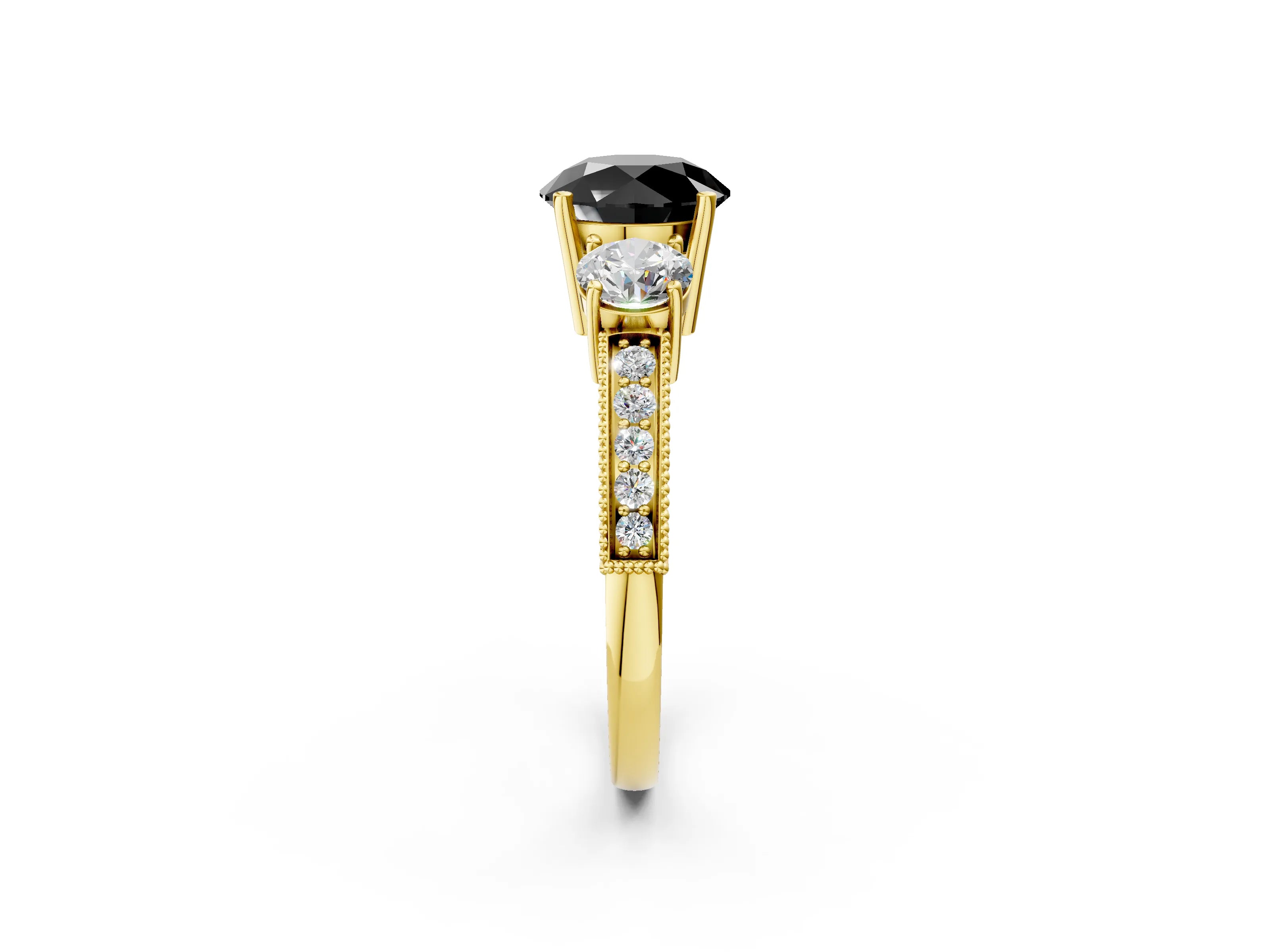 Yellow gold Fancy Black Round Cut Three-Stone Diamond Ring with Pavé Band and Four-Prong Setting_2