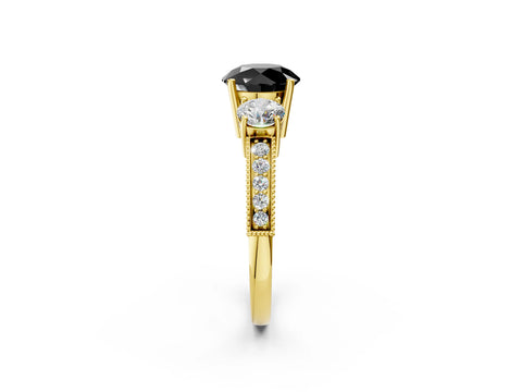 Yellow gold Fancy Black Round Cut Three-Stone Diamond Ring with Pavé Band and Four-Prong Setting_2