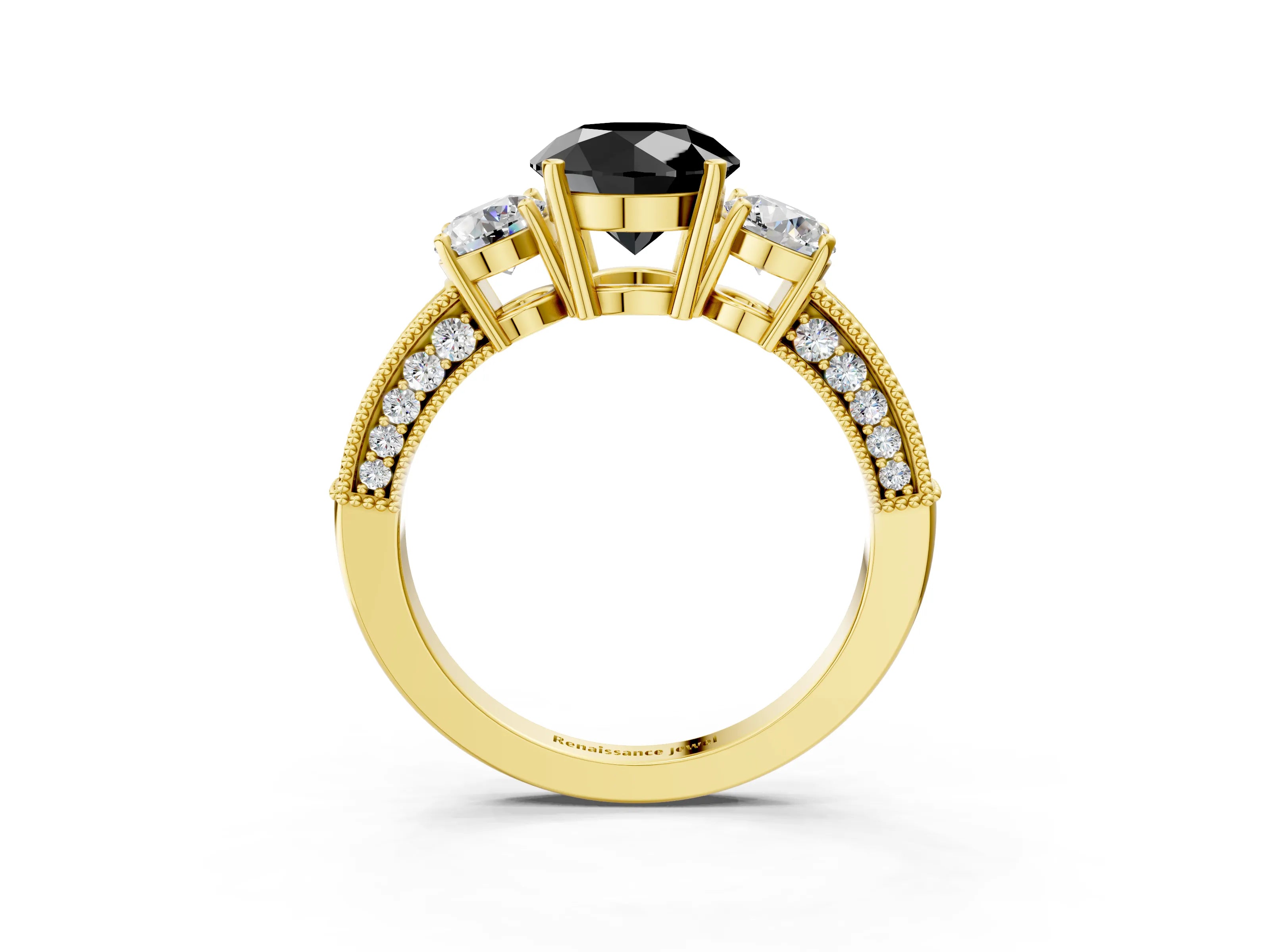 Yellow gold Fancy Black Round Cut Three-Stone Diamond Ring with Pavé Band and Four-Prong Setting_3
