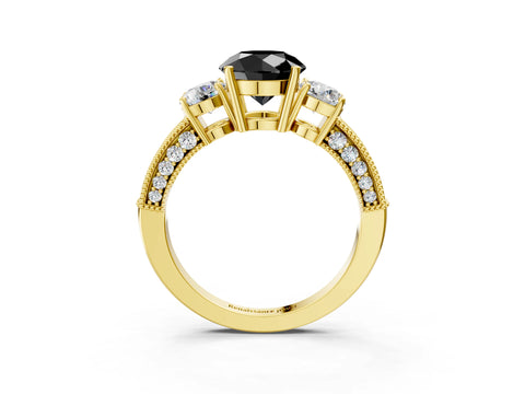 Yellow gold Fancy Black Round Cut Three-Stone Diamond Ring with Pavé Band and Four-Prong Setting_3