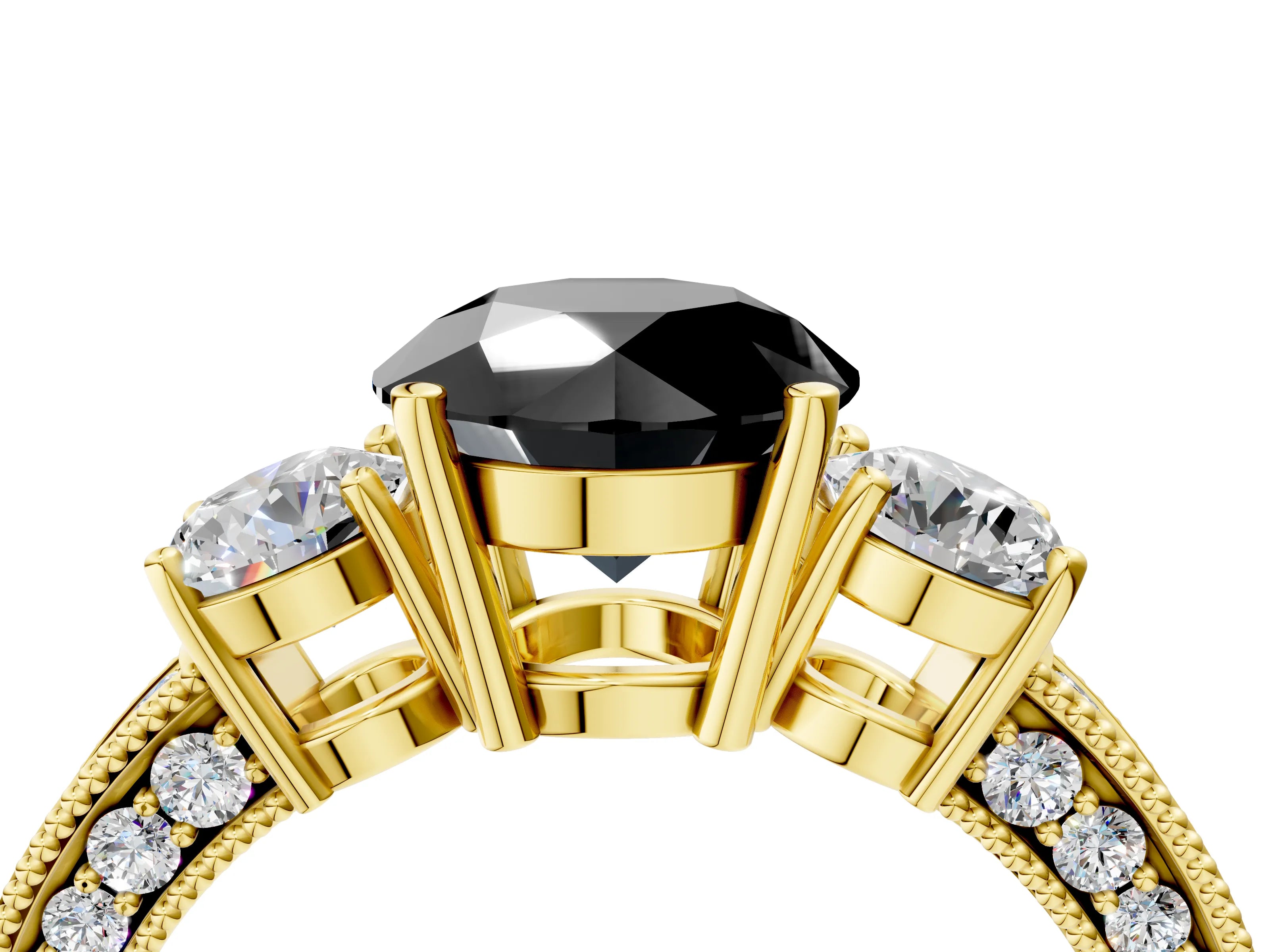Yellow gold Fancy Black Round Cut Three-Stone Diamond Ring with Pavé Band and Four-Prong Setting_4