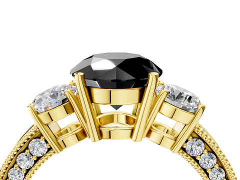 Yellow gold Fancy Black Round Cut Three-Stone Diamond Ring with Pavé Band and Four-Prong Setting_4