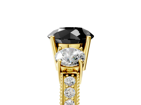 Yellow gold Fancy Black Round Cut Three-Stone Diamond Ring with Pavé Band and Four-Prong Setting_5