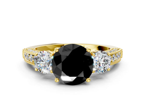 Yellow gold Fancy Black Round Cut Three-Stone Diamond Ring with Pavé Band and Four-Prong Setting