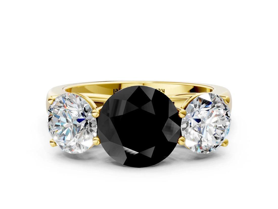 Yellow gold Fancy Black Round Cut Three-Stone Diamond Ring with Prong Setting on a Classic Band_12