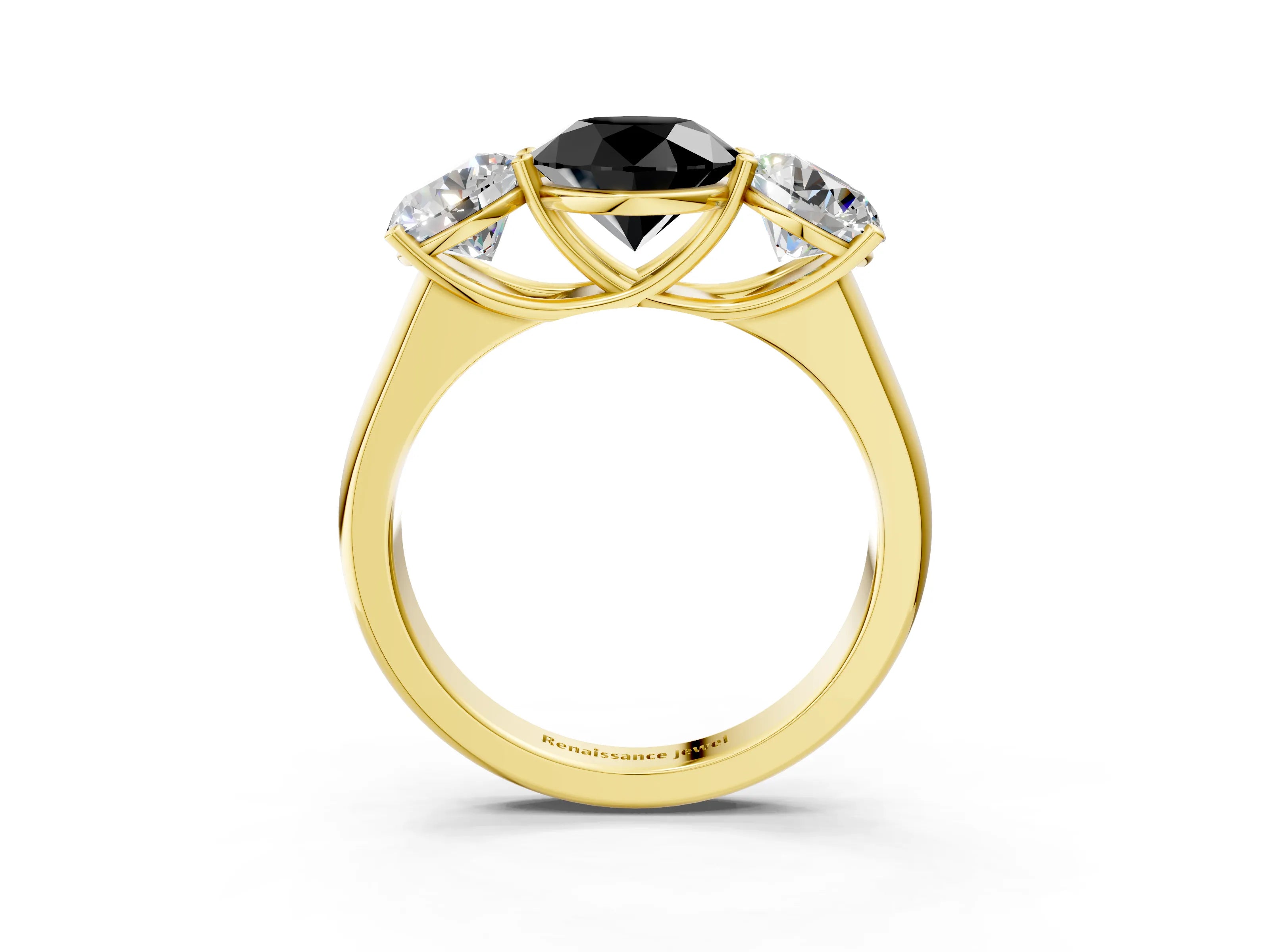 Yellow gold Fancy Black Round Cut Three-Stone Diamond Ring with Prong Setting on a Classic Band_3