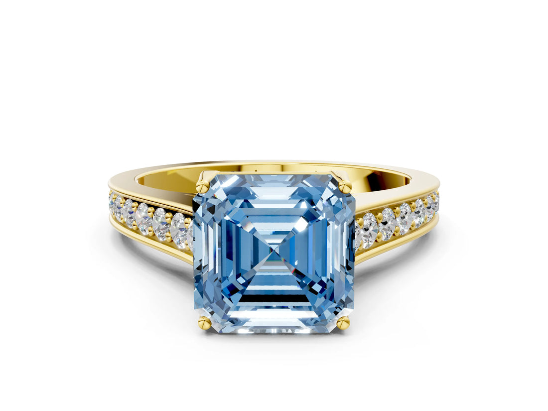 Yellow gold Fancy Blue Asscher  Brilliant Cut Diamond Engagement Ring with Pavé Band and Four-Prong Setting_78