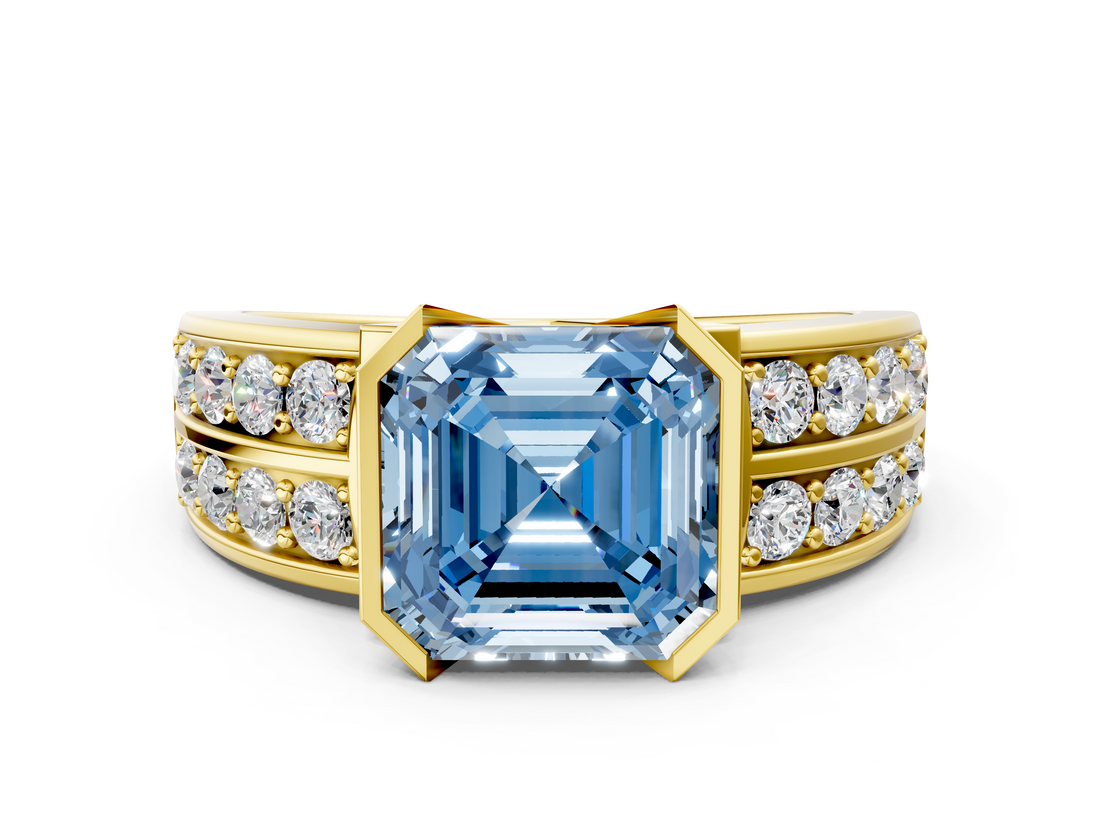 Yellow gold Fancy Blue Asscher  Brilliant Diamond Channel Set Wide Band Ring with Bezel Setting