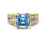 Yellow gold Fancy Blue Asscher  Brilliant Diamond Channel Set Wide Band Ring with Bezel Setting