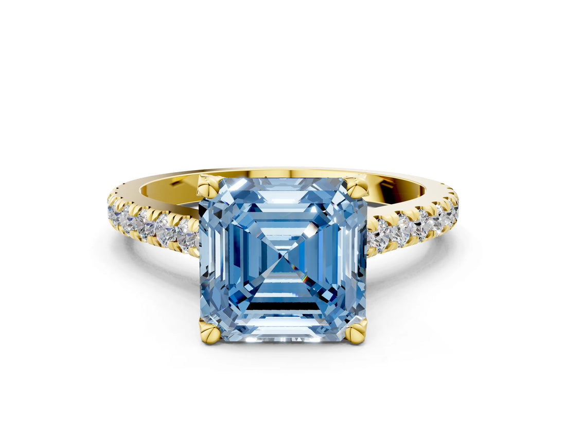 Yellow gold Fancy Blue Asscher  Brilliant Diamond Solitaire with Pavé Band and Four-Prong Setting 1