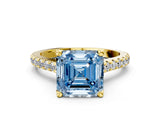 Yellow gold Fancy Blue Asscher  Brilliant Diamond Solitaire with Pavé Band and Four-Prong Setting 1