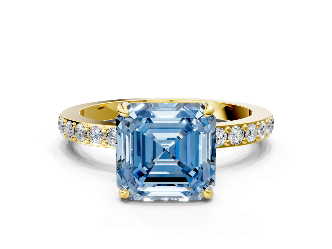 Yellow gold Fancy Blue Asscher  Brilliant Pavé Band Solitaire with Four-Prong Setting_56