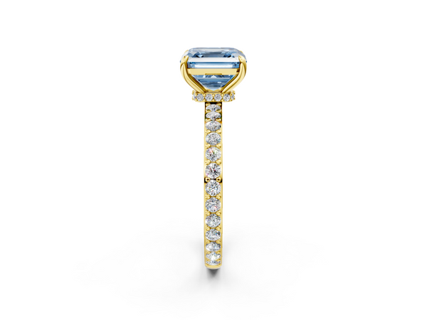 Yellow gold Fancy Blue Asscher Cut Diamond Solitaire Engagement Ring with Pavé Band and Four-Prong Setting