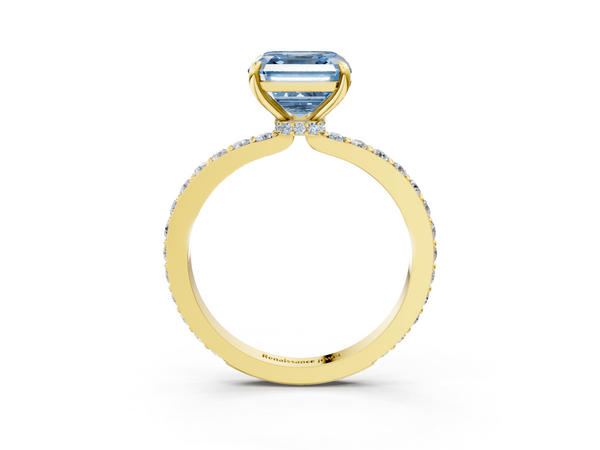 Yellow gold Fancy Blue Asscher Cut Diamond Solitaire Engagement Ring with Pavé Band and Four-Prong Setting