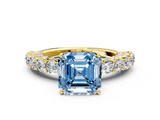Yellow gold Fancy Blue Asscher  Brilliant Solitaire with Pavé Band and Four-Prong Setting