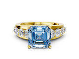 Yellow gold Fancy Blue Asscher  Brilliant Solitaire with Side Stones on a Pave Band and Four-Prong Setting_12