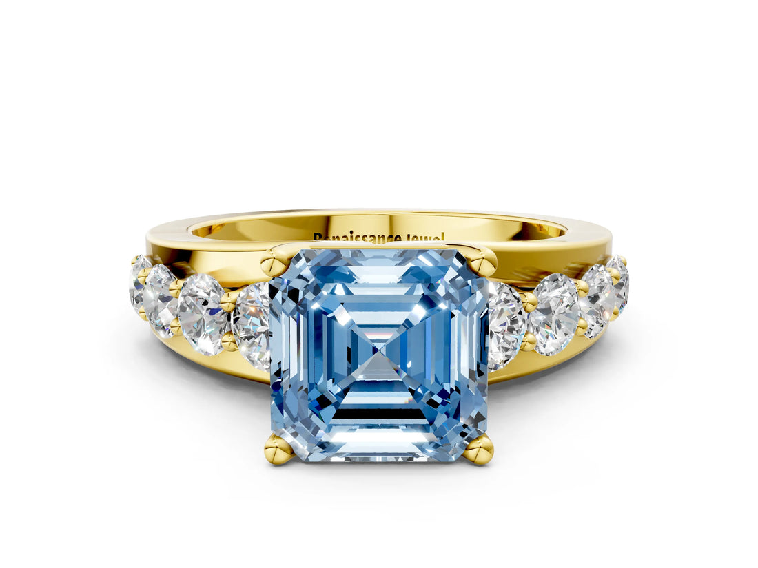 Yellow gold Fancy Blue Asscher  Brilliant Solitaire with Side Stones on a Pave Band and Four-Prong Setting_36