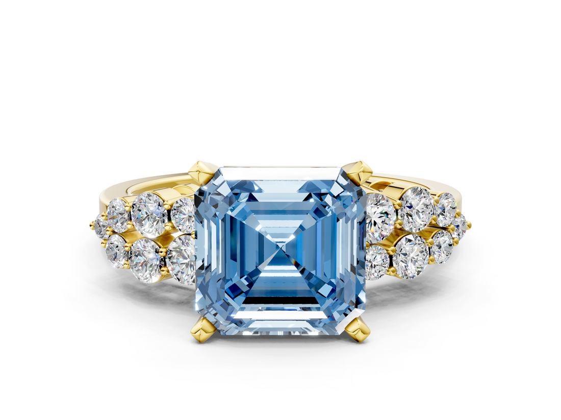 Yellow gold Fancy Blue Asscher  Cluster Diamond Engagement Ring with Pavé Band and Four-Prong Setting_17