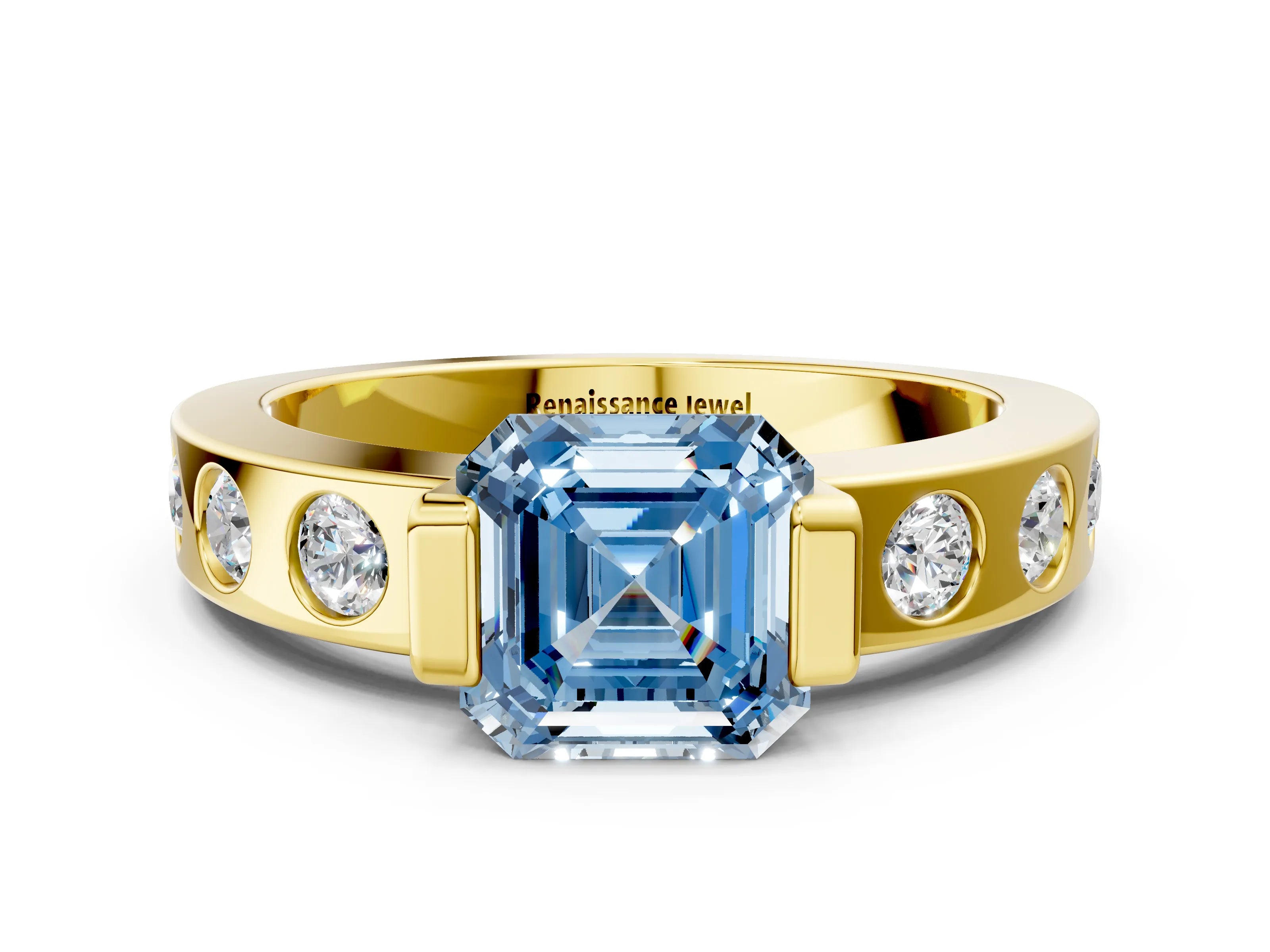 Yellow gold Fancy Blue Asscher Cut Brilliant Channel-Set Diamond Ring with Bezel Prong Setting
