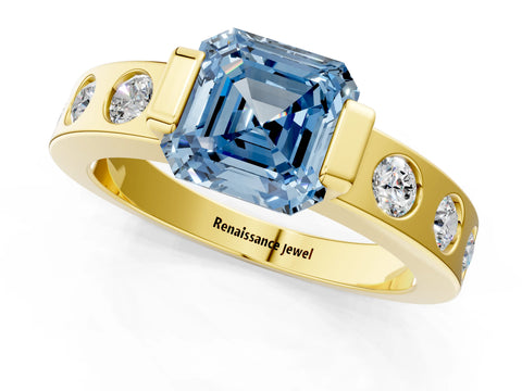 Yellow gold Fancy Blue Asscher Cut Brilliant Channel-Set Diamond Ring with Bezel Prong Setting_1