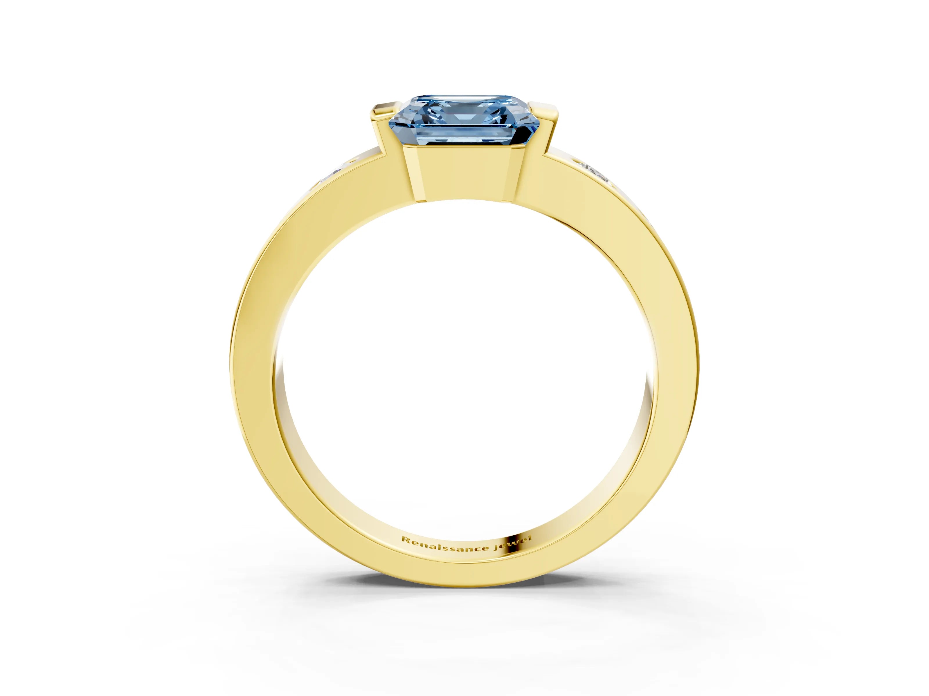 Yellow gold Fancy Blue Asscher Cut Brilliant Channel-Set Diamond Ring with Bezel Prong Setting_3