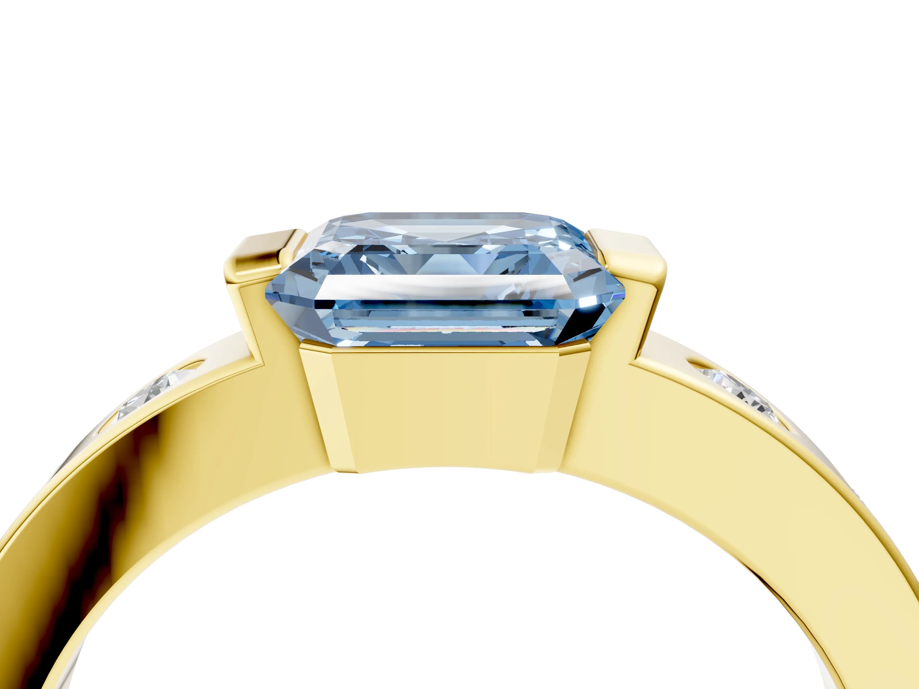 Yellow gold Fancy Blue Asscher Cut Brilliant Channel-Set Diamond Ring with Bezel Prong Setting_4
