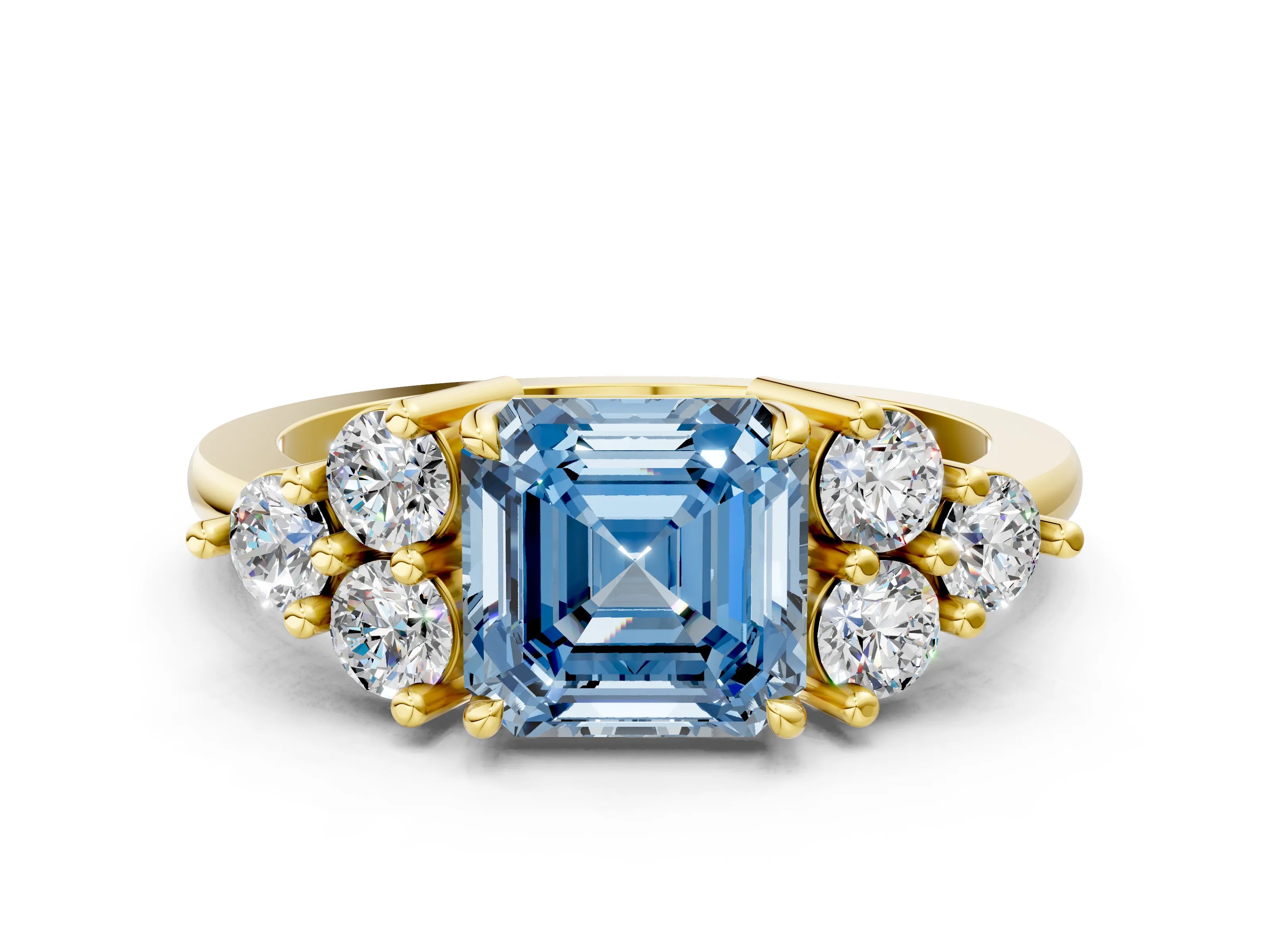 Yellow gold Fancy Blue Asscher Cut Brilliant Diamond Cluster Accent Solitaire Ring with Prong Setting
