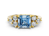 Yellow gold Fancy Blue Asscher Cut Brilliant Diamond Cluster Accent Solitaire Ring with Prong Setting