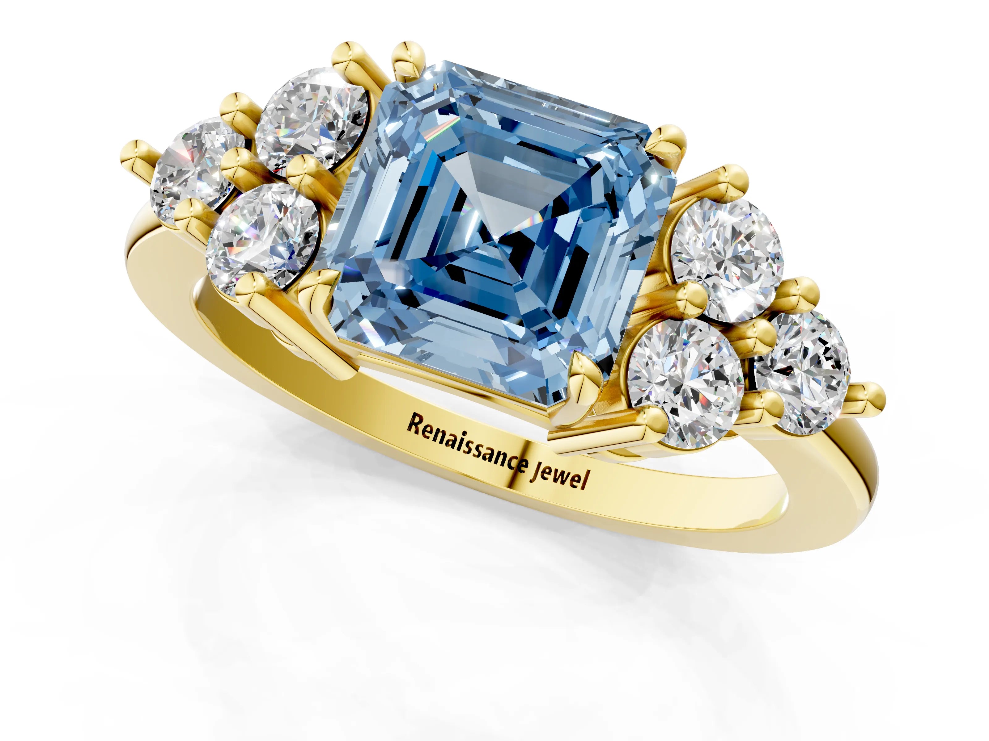 Yellow gold Fancy Blue Asscher Cut Brilliant Diamond Cluster Accent Solitaire Ring with Prong Setting_1