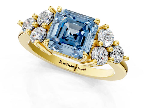 Yellow gold Fancy Blue Asscher Cut Brilliant Diamond Cluster Accent Solitaire Ring with Prong Setting_1