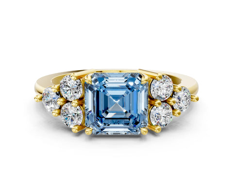 Yellow gold Fancy Blue Asscher Cut Brilliant Diamond Cluster Accent Solitaire Ring with Prong Setting