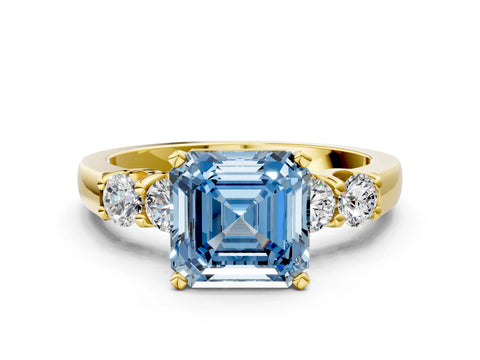 Yellow gold Fancy Blue Asscher Cut Brilliant Diamond Five-Stone Engagement Ring with Prong Setting on a Classic Band_3