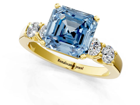 Yellow gold Fancy Blue Asscher Cut Brilliant Diamond Five-Stone Engagement Ring with Prong Setting on a Classic Band_4