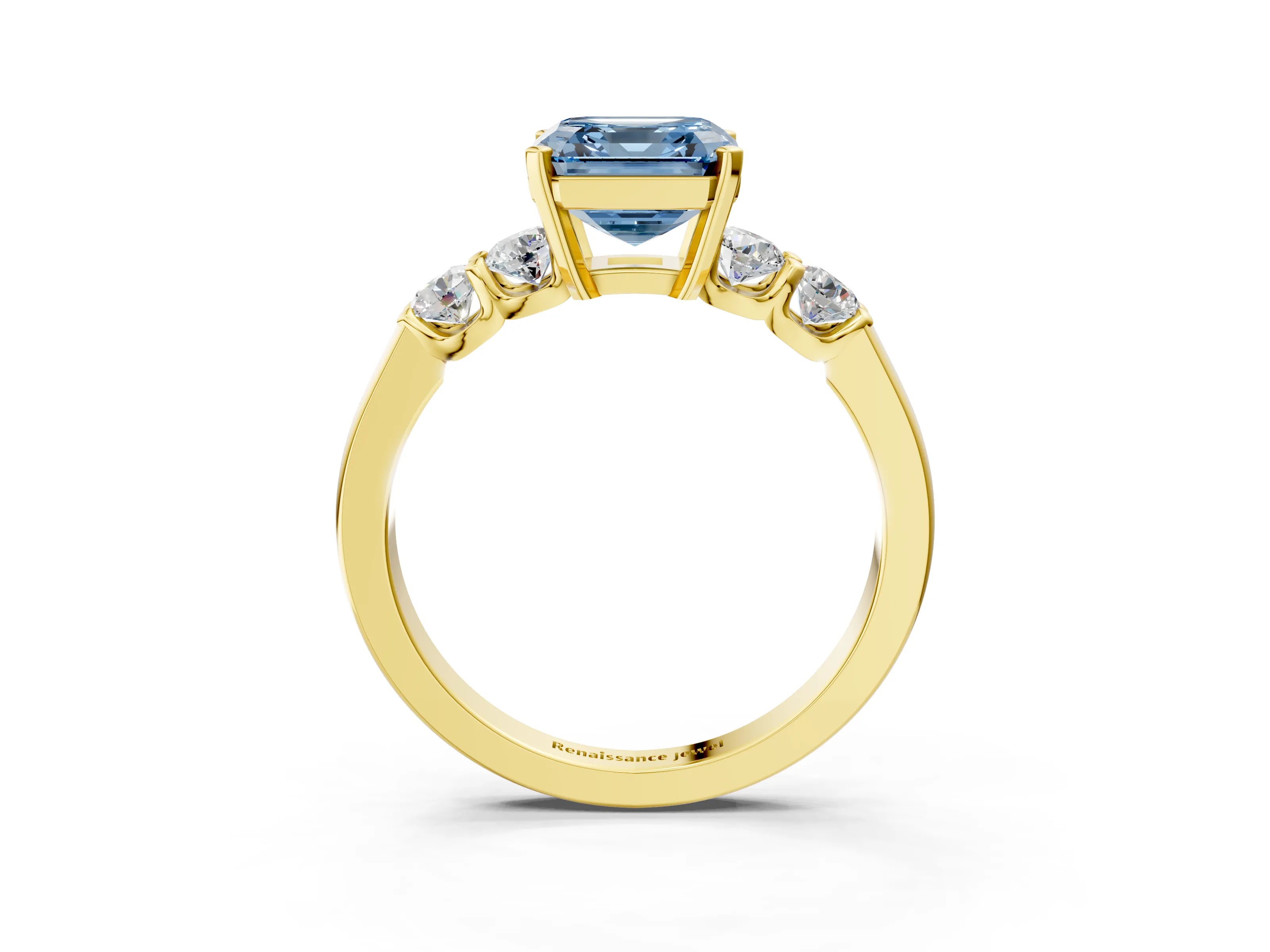 Yellow gold Fancy Blue Asscher Cut Brilliant Diamond Five-Stone Engagement Ring with Prong Setting on a Classic Band_6