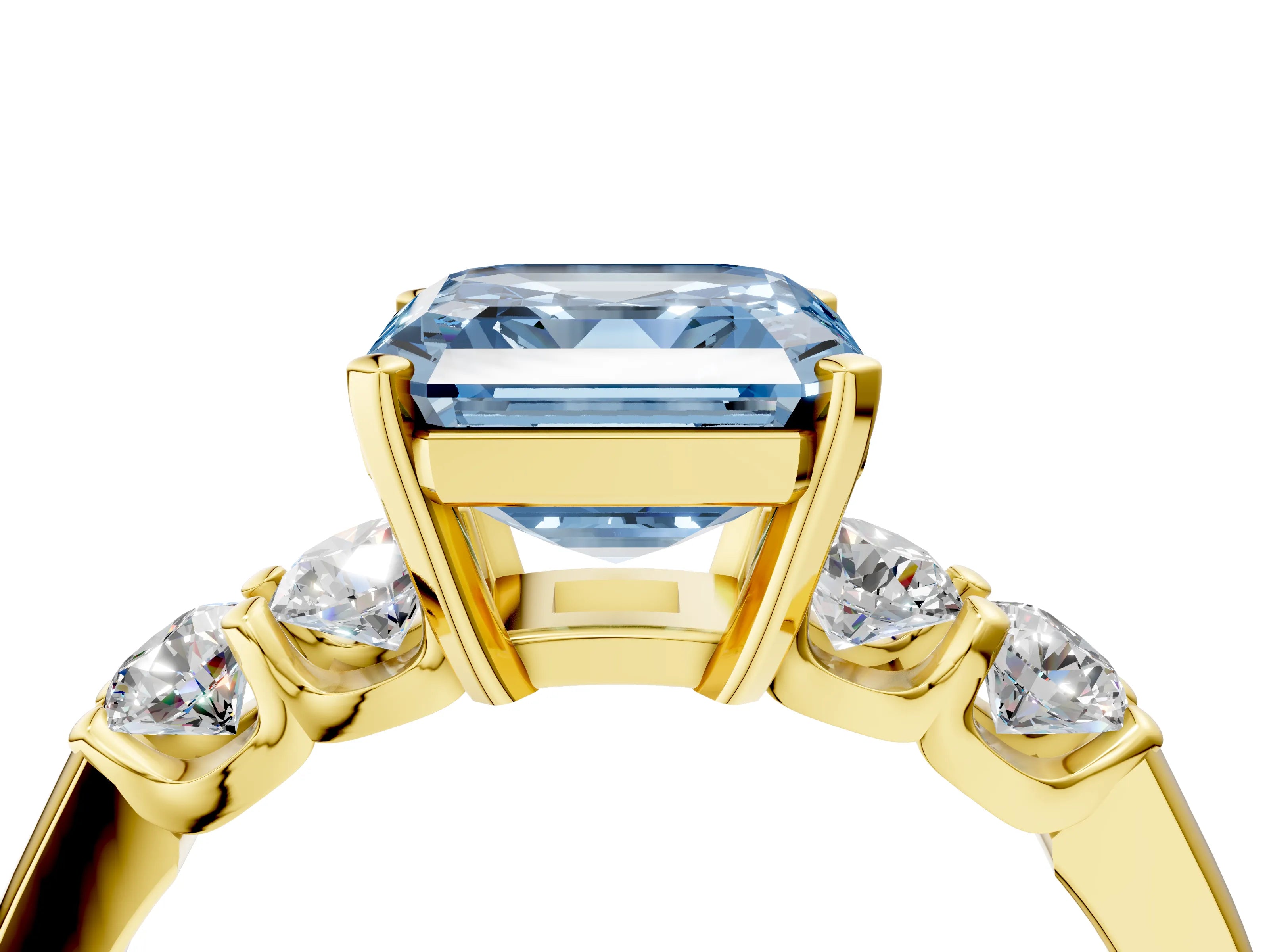 Yellow gold Fancy Blue Asscher Cut Brilliant Diamond Five-Stone Engagement Ring with Prong Setting on a Classic Band_7