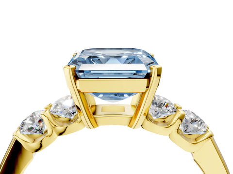Yellow gold Fancy Blue Asscher Cut Brilliant Diamond Five-Stone Engagement Ring with Prong Setting on a Classic Band_7