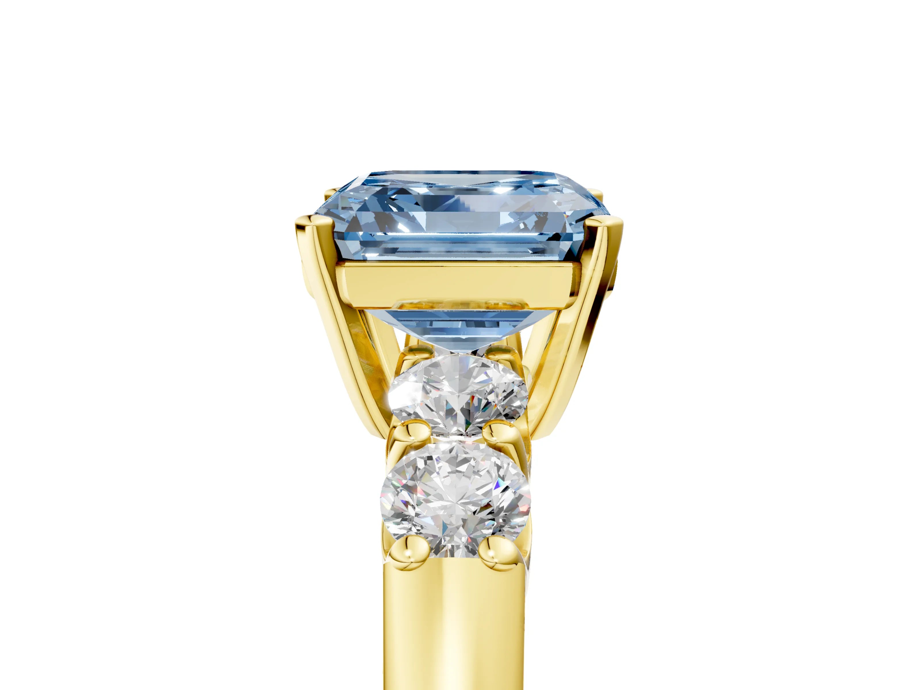 Yellow gold Fancy Blue Asscher Cut Brilliant Diamond Five-Stone Engagement Ring with Prong Setting on a Classic Band_8