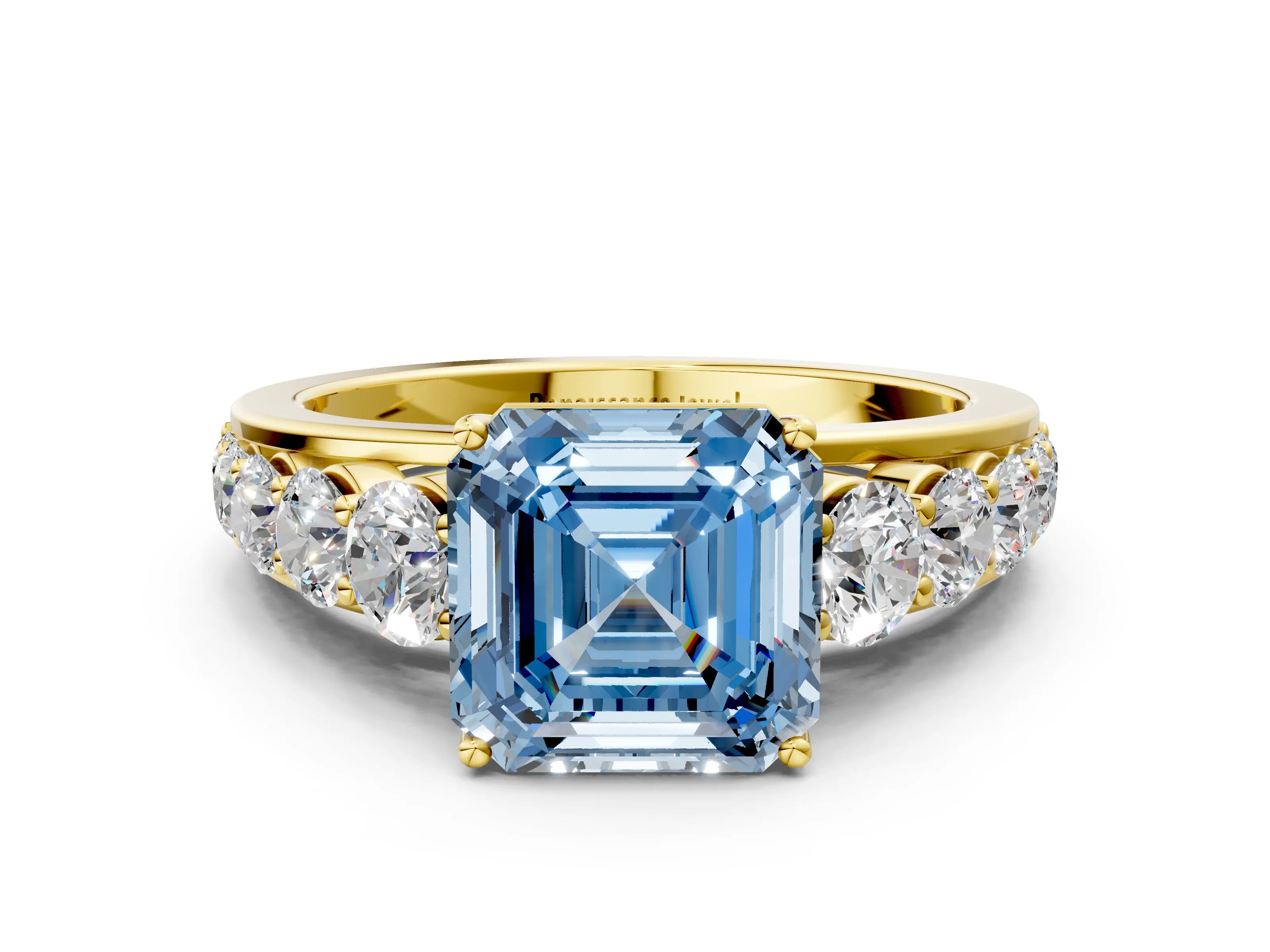 Yellow gold Fancy Blue Asscher Cut Brilliant Diamond Pavé Band with Six-Prong Setting