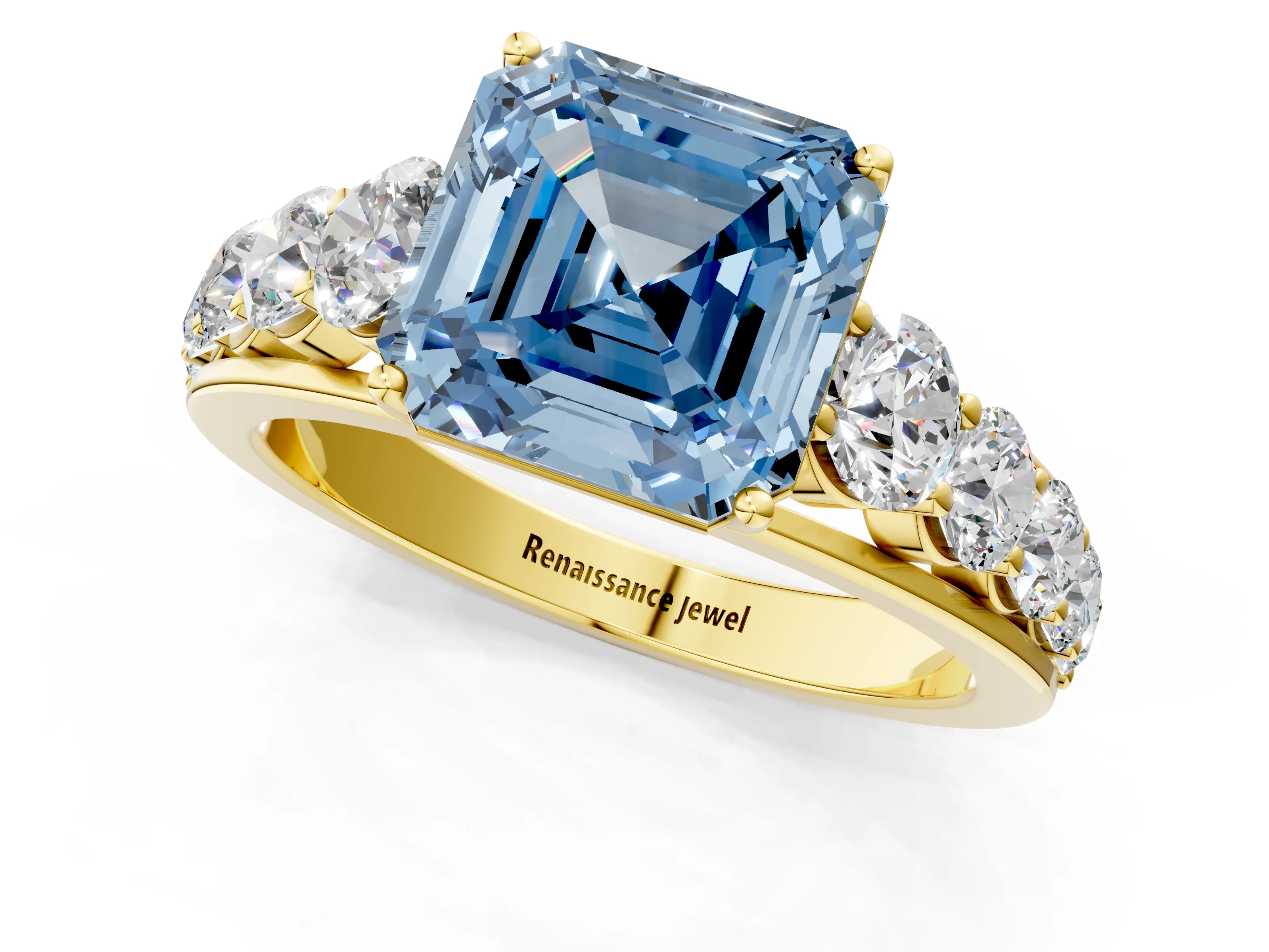 Yellow gold Fancy Blue Asscher Cut Brilliant Diamond Pavé Band with Six-Prong Setting_1