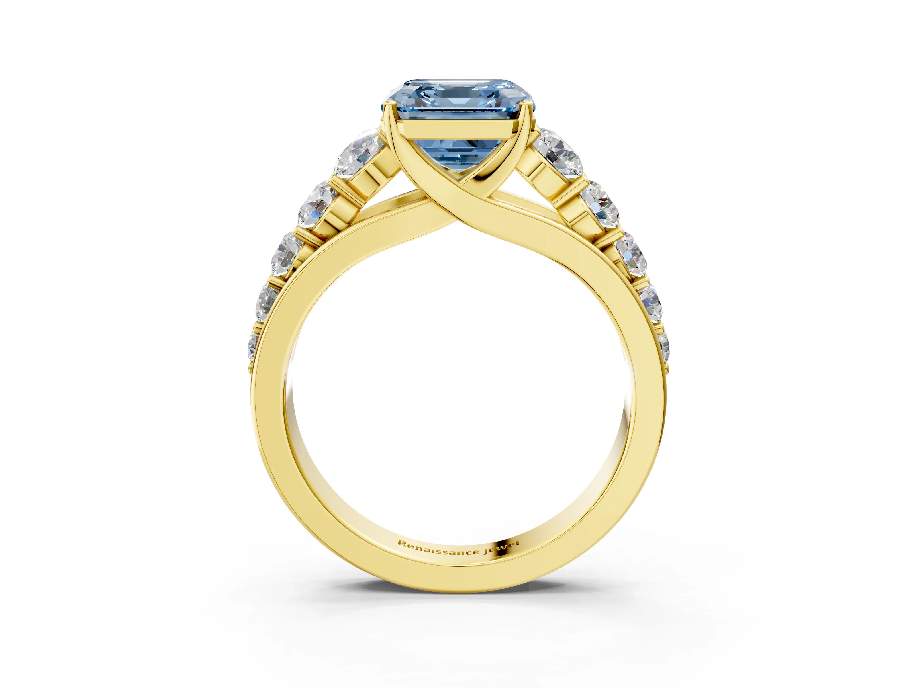Yellow gold Fancy Blue Asscher Cut Brilliant Diamond Pavé Band with Six-Prong Setting_3