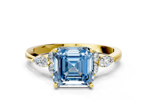 Yellow gold Fancy Blue Asscher Cut Brilliant Diamond Solitaire Ring with Pear Side Stones and Four-Prong Setting_3