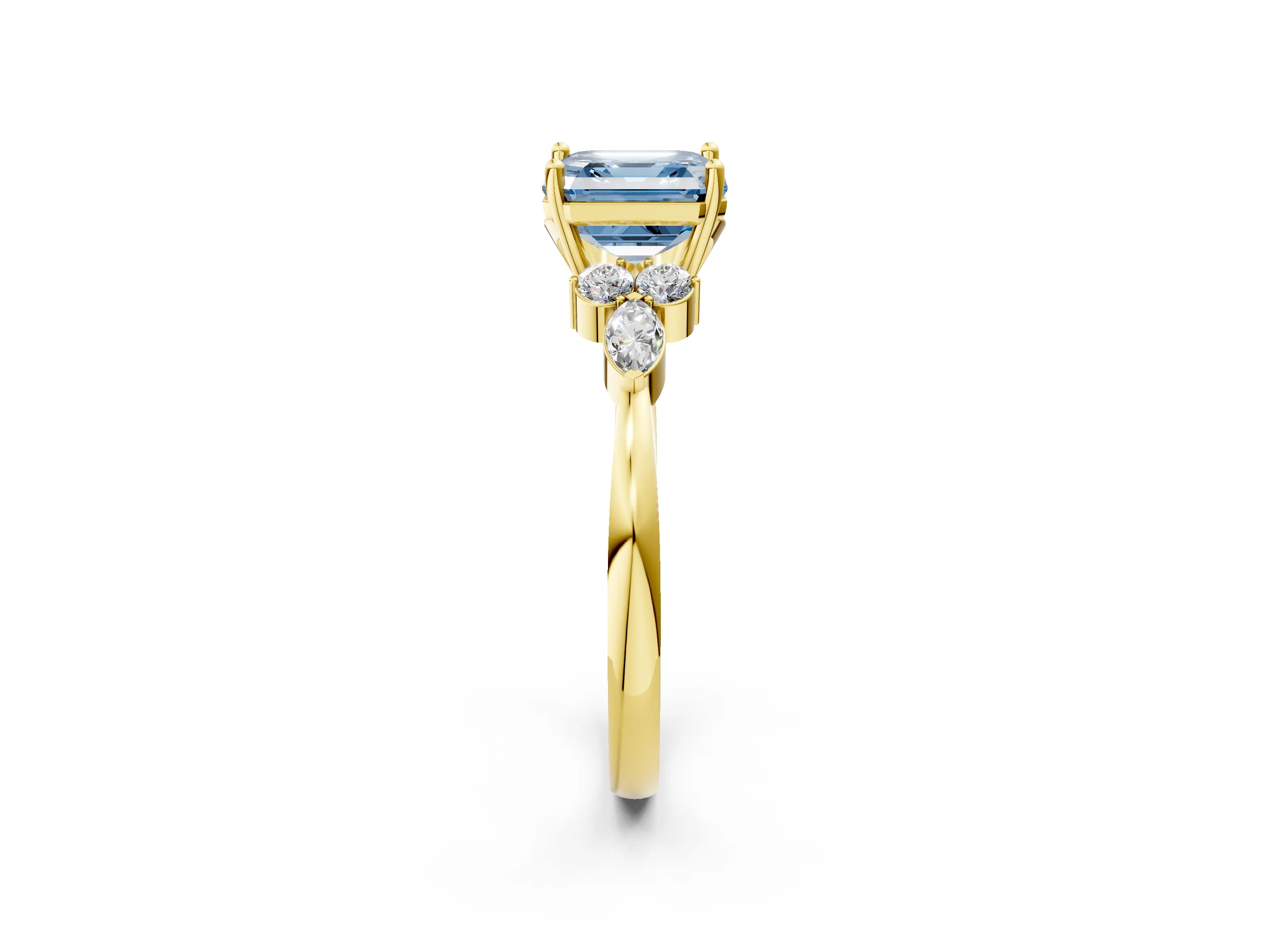 Yellow gold Fancy Blue Asscher Cut Brilliant Diamond Solitaire Ring with Pear Side Stones and Four-Prong Setting_5