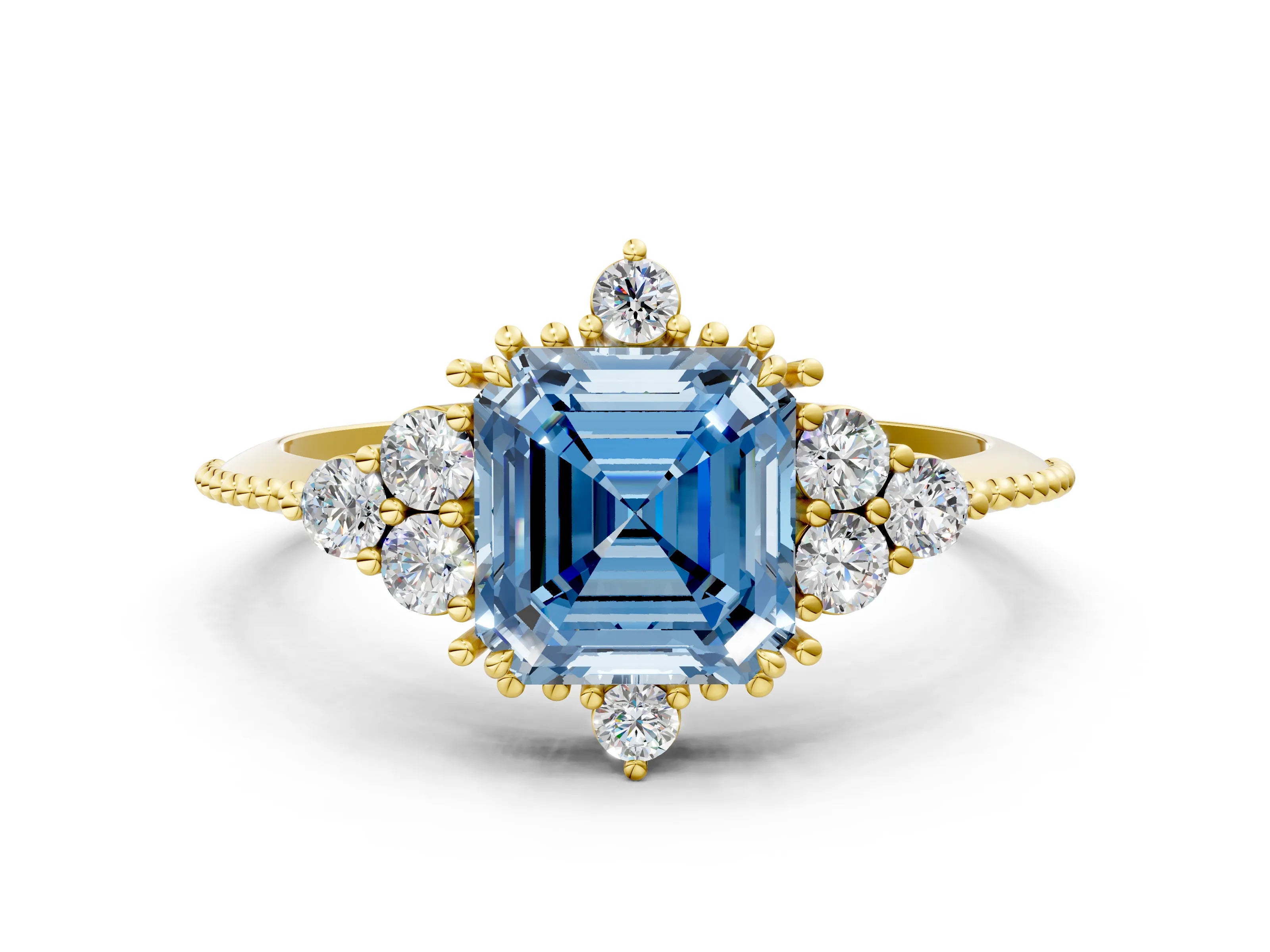 Yellow gold Fancy Blue Asscher Cut Brilliant Diamond with Cluster Setting on a Beaded Band and Four-Prong Setting
