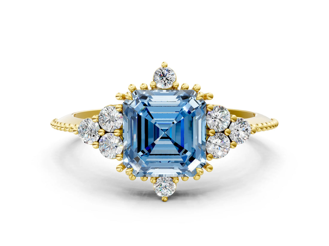 Yellow gold Fancy Blue Asscher Cut Brilliant Diamond with Cluster Setting on a Beaded Band and Four-Prong Setting