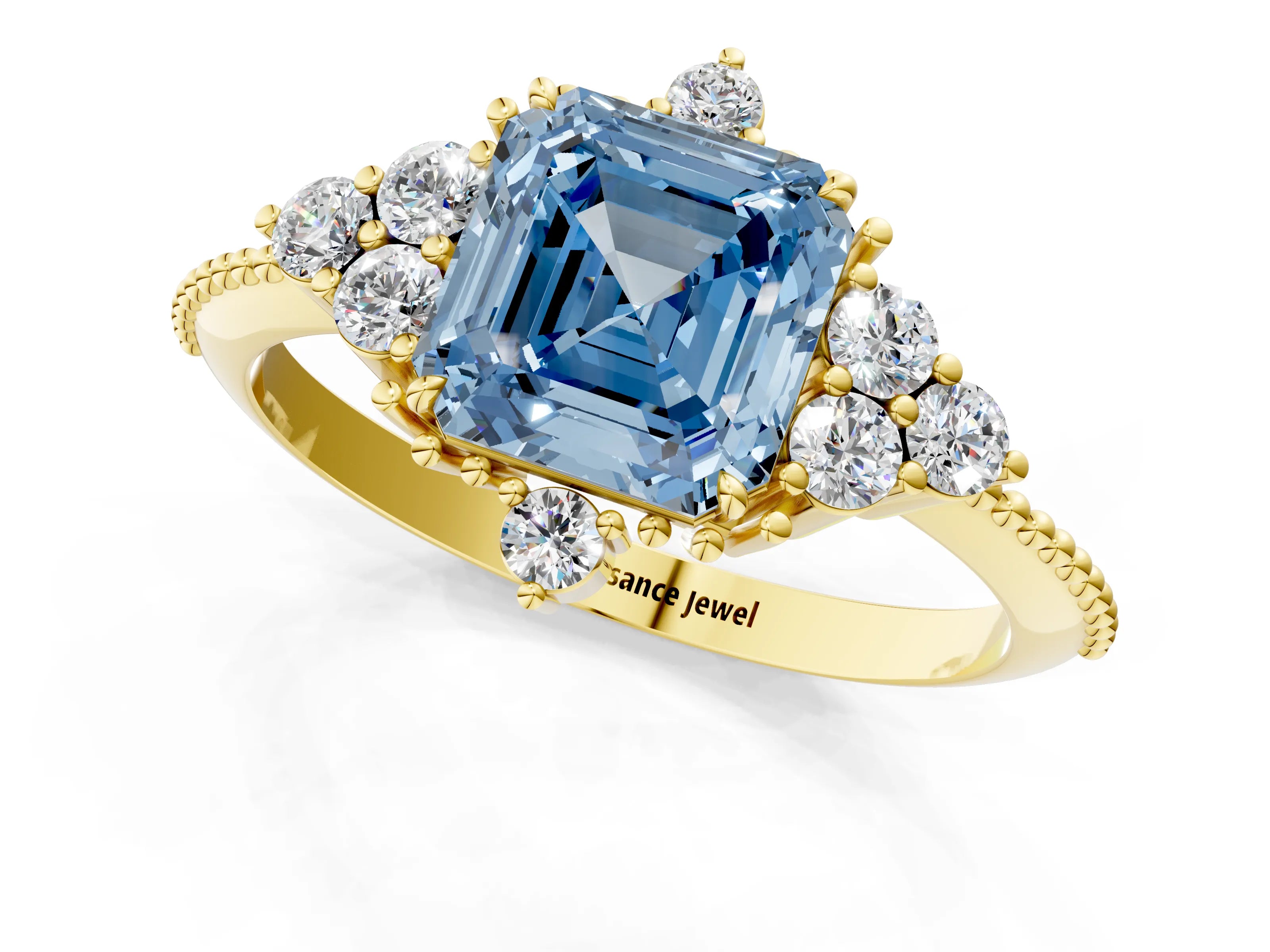 Yellow gold Fancy Blue Asscher Cut Brilliant Diamond with Cluster Setting on a Beaded Band and Four-Prong Setting_1