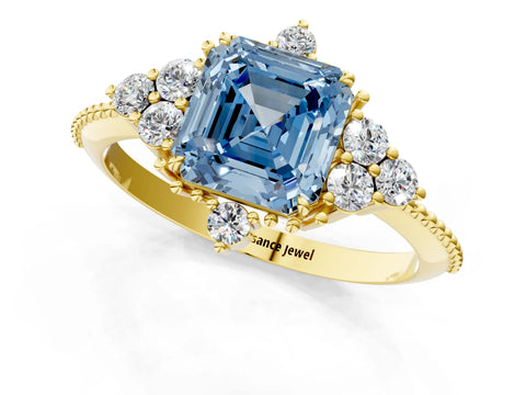 Yellow gold Fancy Blue Asscher Cut Brilliant Diamond with Cluster Setting on a Beaded Band and Four-Prong Setting_1