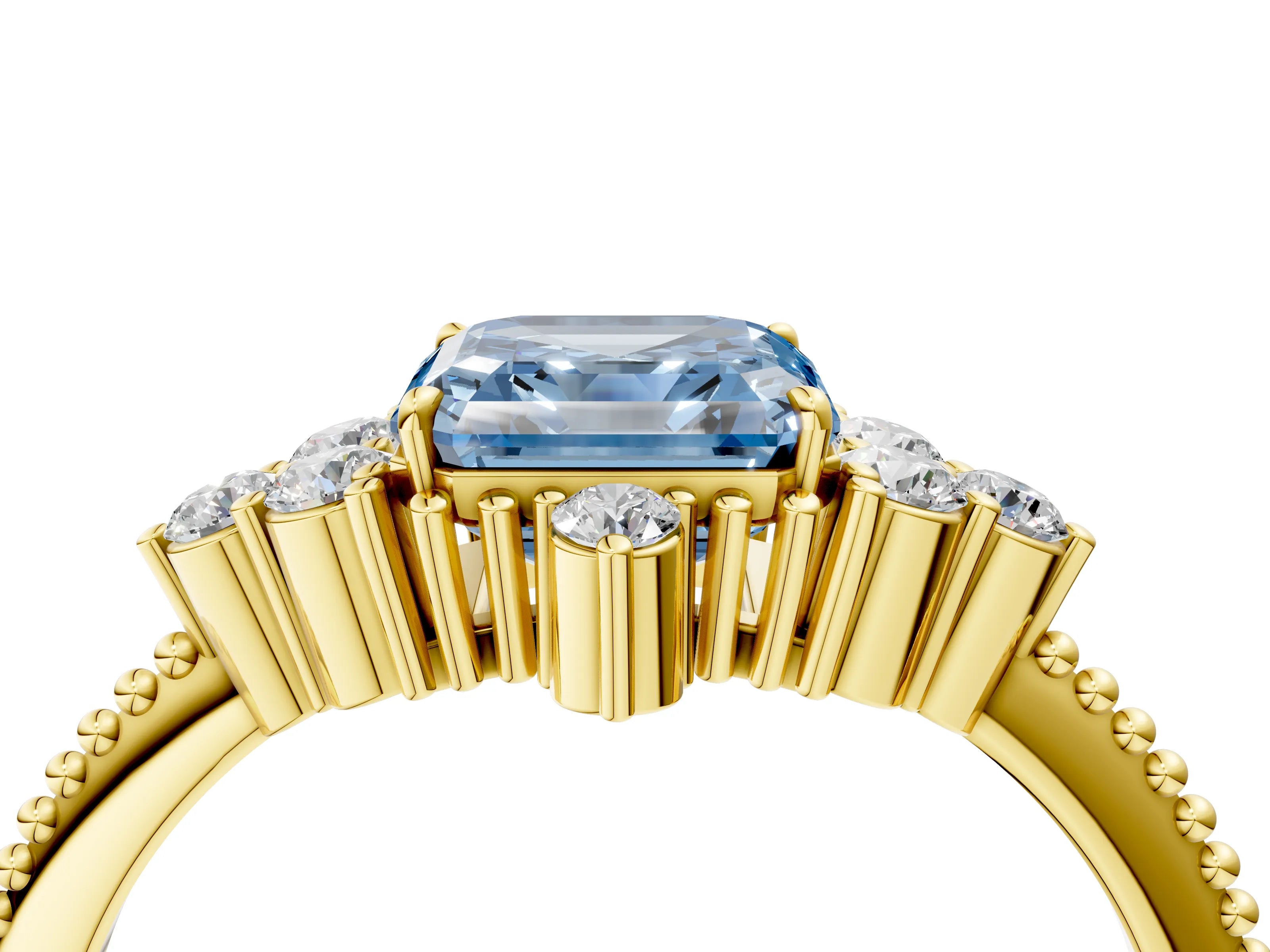 Yellow gold Fancy Blue Asscher Cut Brilliant Diamond with Cluster Setting on a Beaded Band and Four-Prong Setting_4