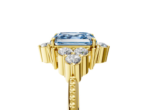 Yellow gold Fancy Blue Asscher Cut Brilliant Diamond with Cluster Setting on a Beaded Band and Four-Prong Setting_5