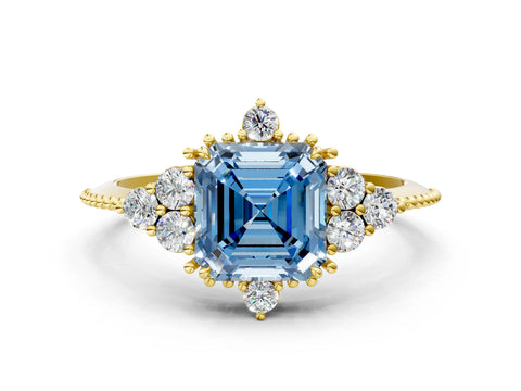 Yellow gold Fancy Blue Asscher Cut Brilliant Diamond with Cluster Setting on a Beaded Band and Four-Prong Setting
